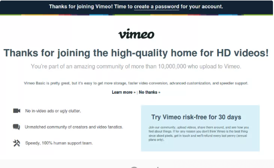 Giao diện yêu cầu tạo mật khẩu cho tài khoản vimeo