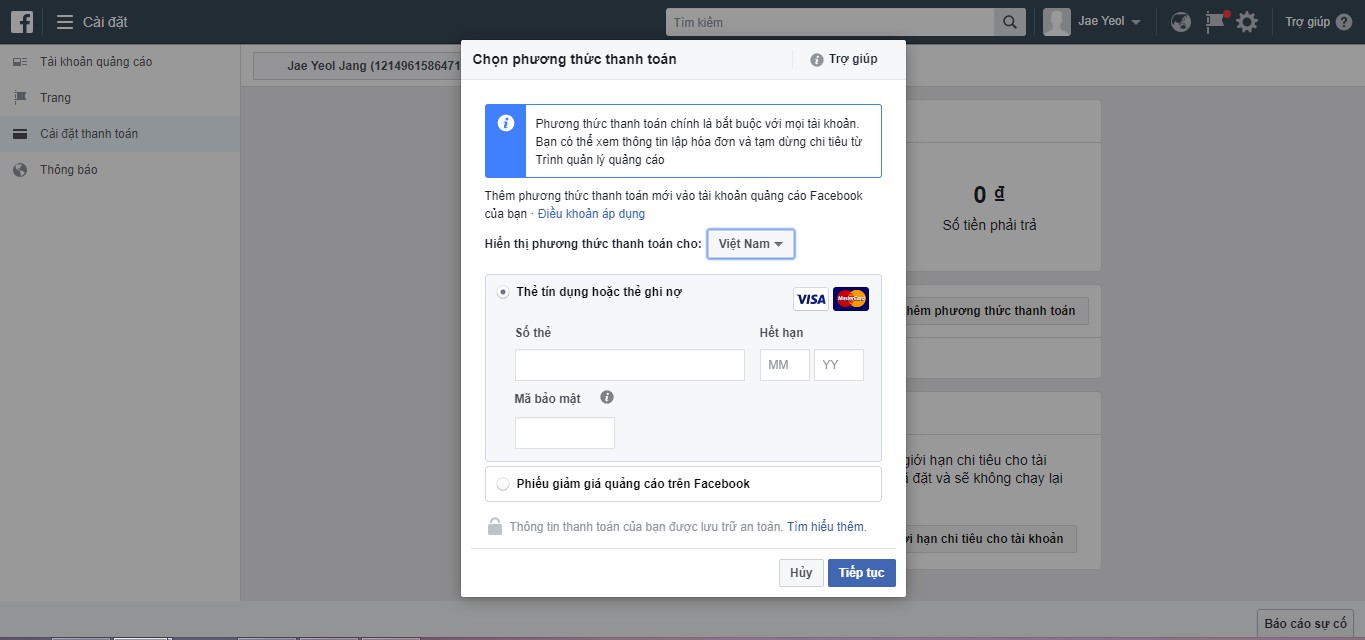 Add thẻ Visa để chạy quảng cáo Facebook