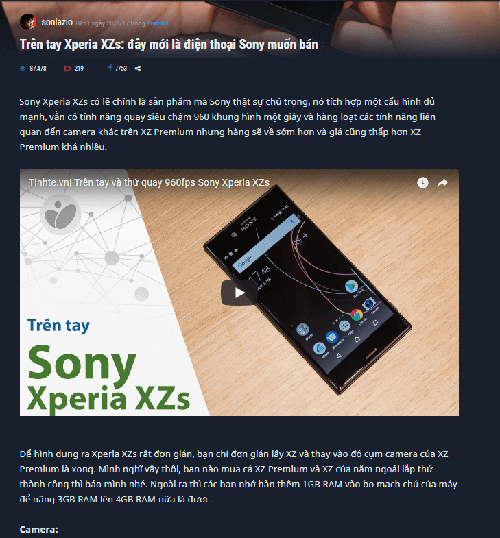 bài review sản phẩm cho mẫu điện thoại Sony Xperia XZs